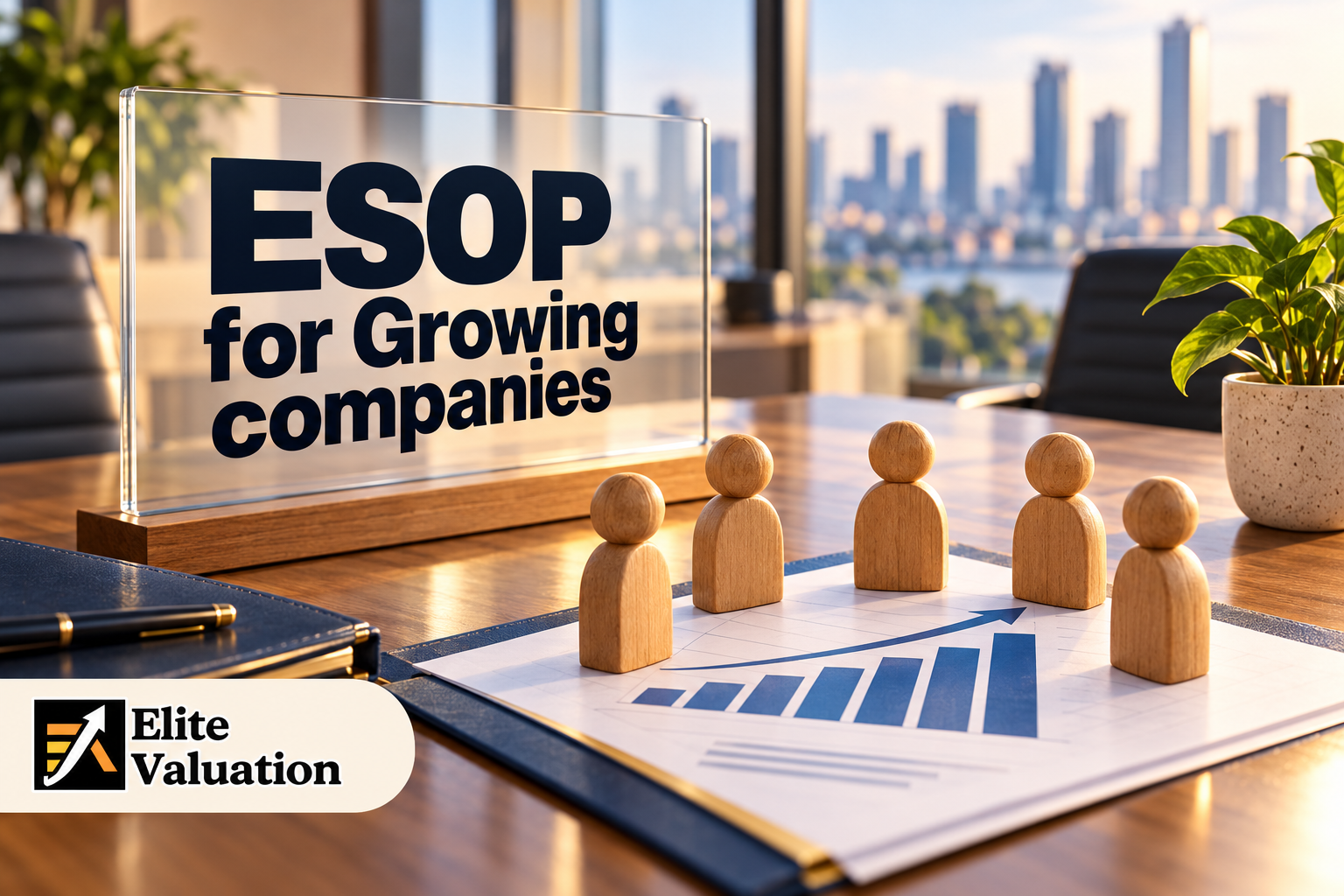 ESOP for Growing companies sign beside wooden employee figures arranged around an upward growth chart.