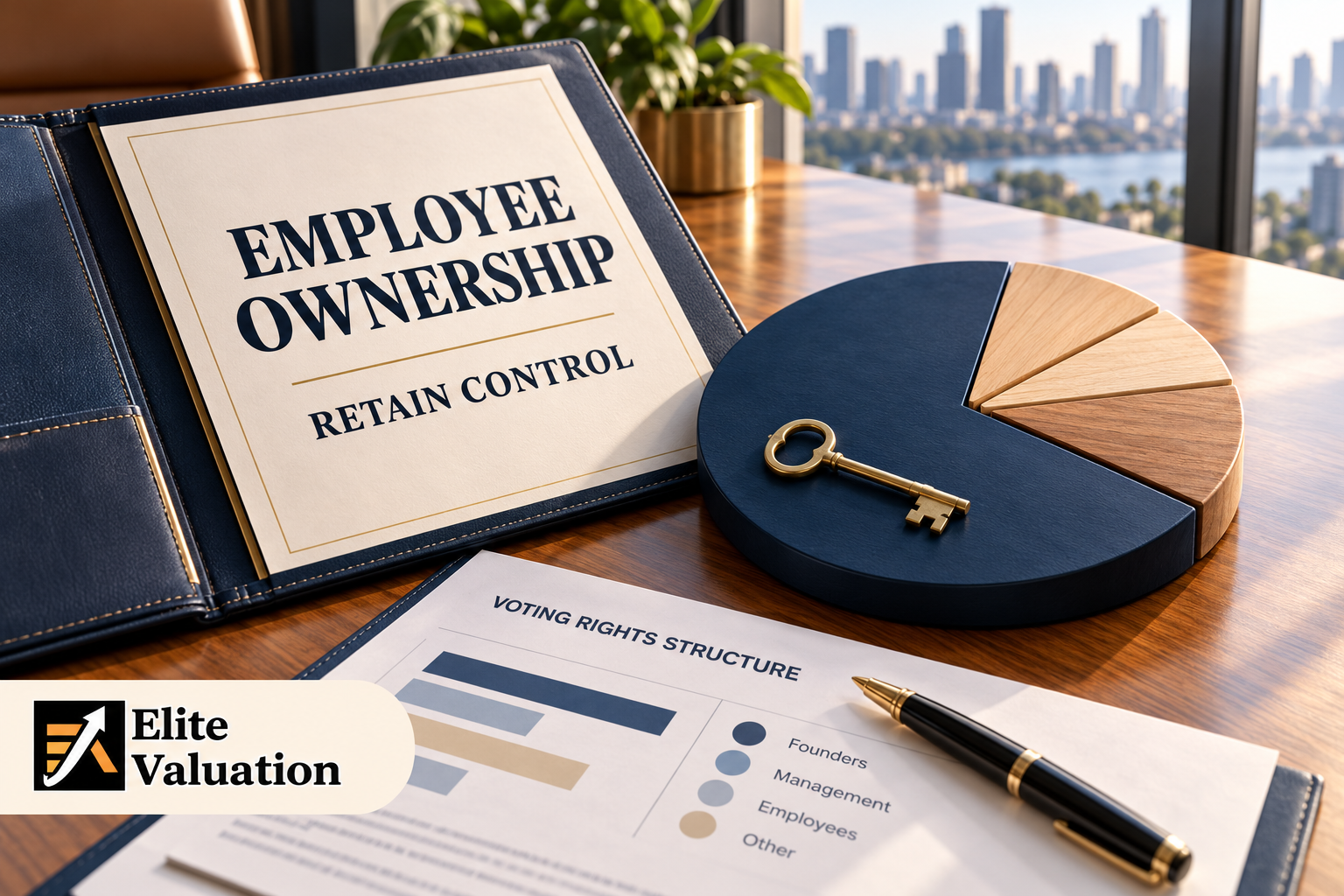 Employee Ownership and Retain Control portfolio beside a segmented ownership model and a brass key.