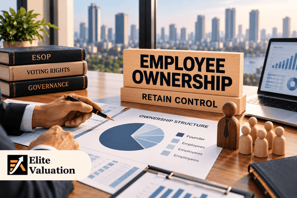 Employee Ownership and Retain Control signs beside an ownership chart and wooden founder and employee figures.