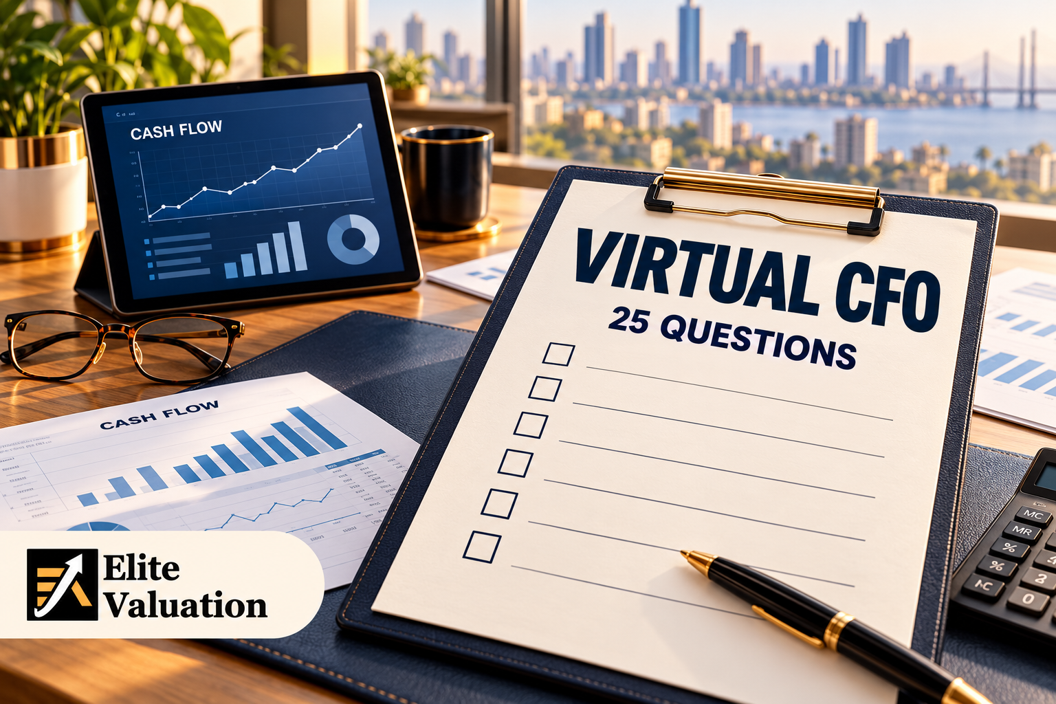 Virtual CFO hiring checklist beside a tablet displaying cash-flow charts, financial reports and a calculator.