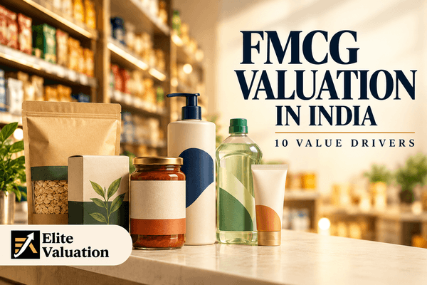 Three analysis cards for brand strength, margins and distribution illustrate FMCG valuation in India.