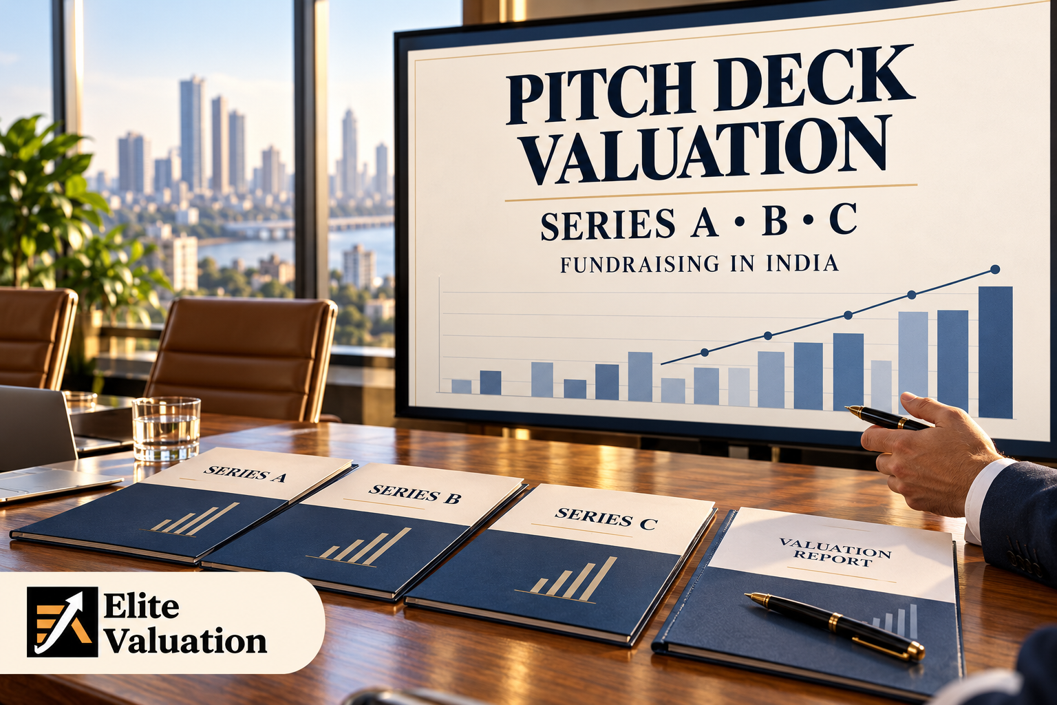 Three investor presentation cards for Series A, Series B and Series C, illustrating valuation, operating metrics and dilution planning.